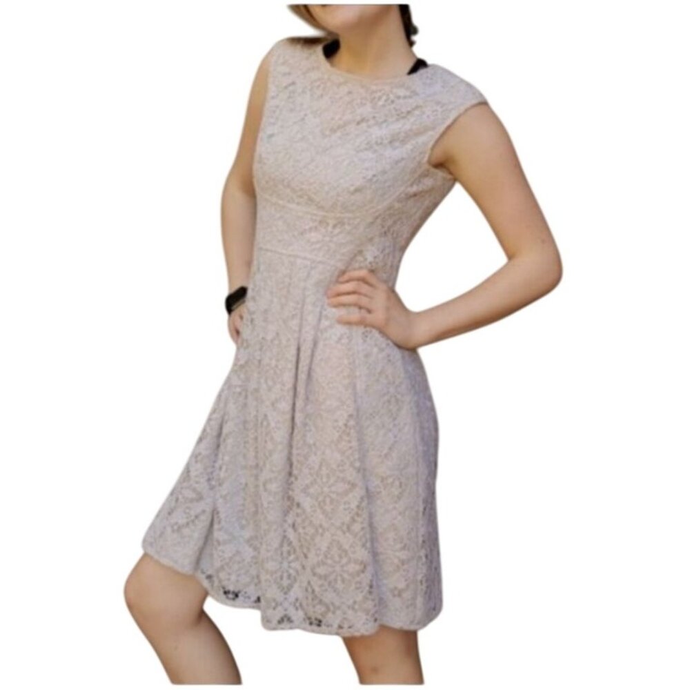 London Times Womens Beige Lace Fit & Flare Dress Size 6 Wedding Party Elegant